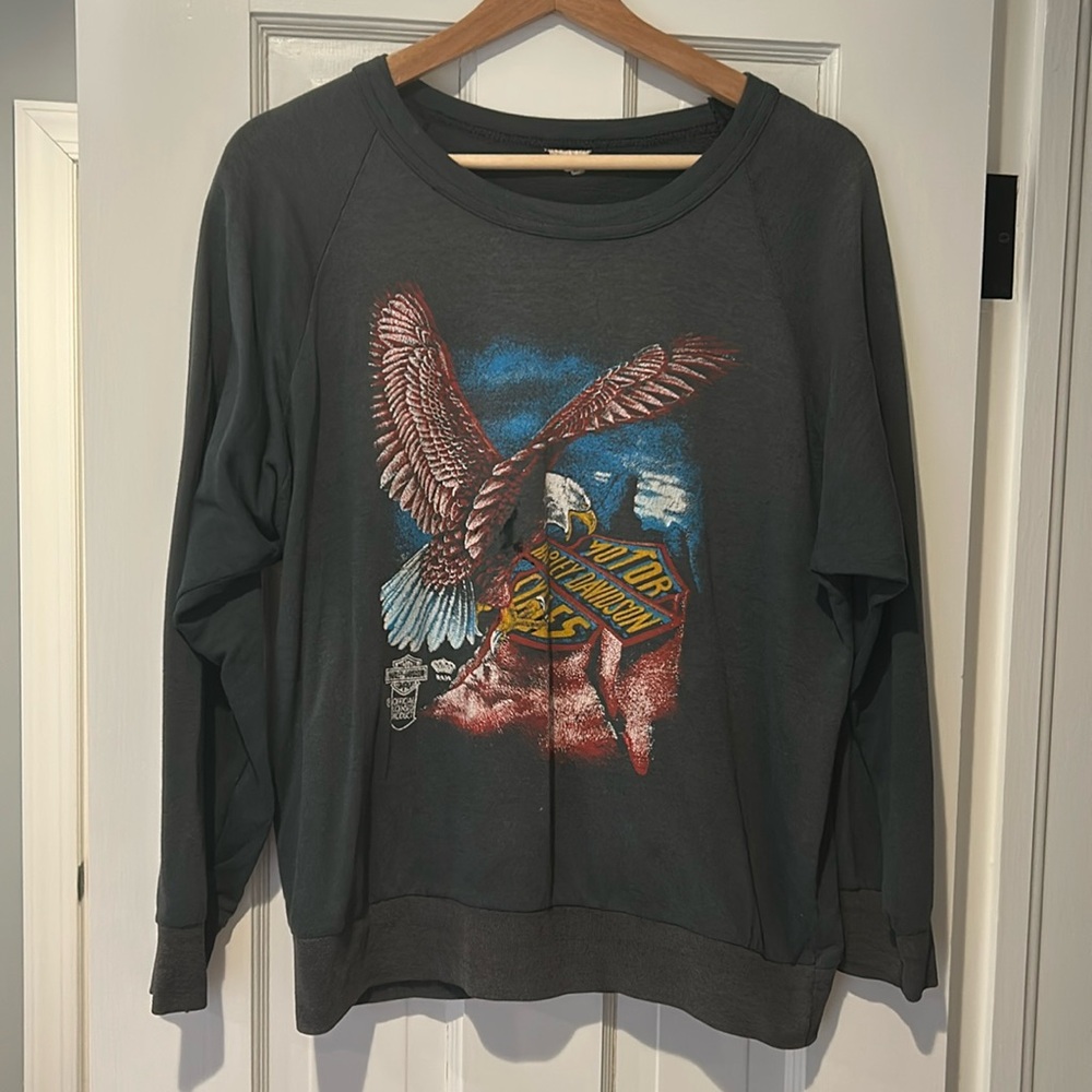 Harley-Davidson Charcoal Eagle Graphic Sweatshirt with Red & Blue Accents